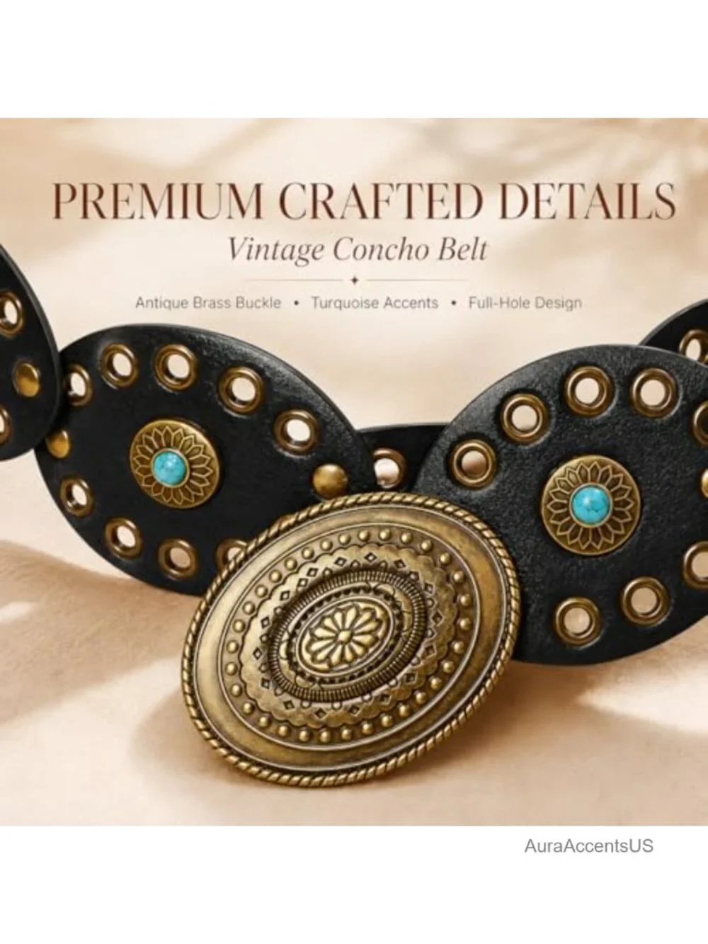 Vintage Concho Cowgirl Belt for Women, Faux Leather PU Leather Disc Belt
